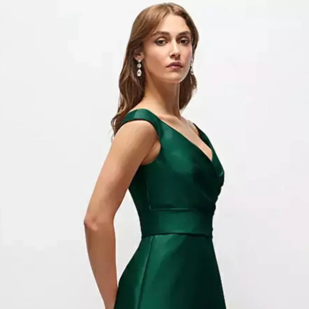 Alfred Sung Off-the-Shoulder Draped Wrap Satin Maxi Dress Hunter Green, size 14 - Picture 4 of 13